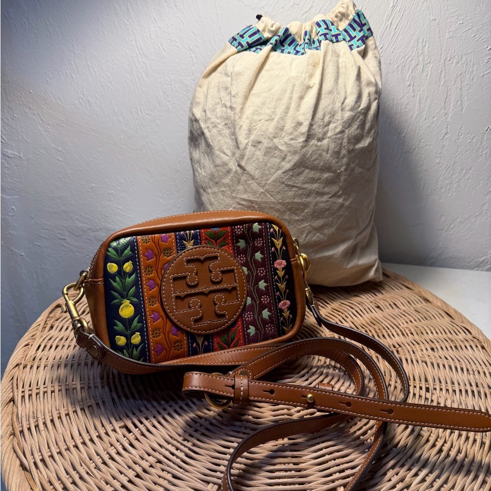 Tory Burch Multicolor Embroidered Brown Leather Camera Crossbody
